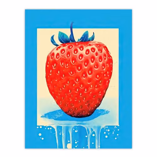 Wee Blue Coo Single Strawberry Fruit in Ice Unframed Paper Wall Art Poster in Blue and Red