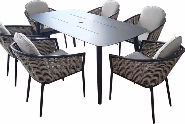 SHG Bolingbroke 6 Seater Aluminium and Brown Wicker Dining Table Set in Beige
