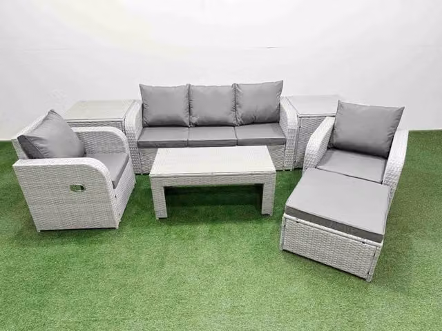 Fimous PE Rattan Garden Furniture Set in Light Grey with 3-Seater Sofa, Reclining Armchairs, Coffee Table, Side Tables and Ottoman