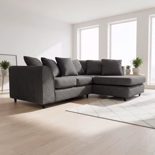 Abakus Direct Jumbo Chenille L-Shaped Corner Sofa with Chaise Extension, Black, Right Hand Facing – 4