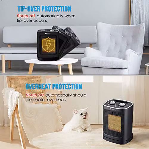 PureMate 1800W Ceramic Fan Heater in Black with Adjustable Thermostat, Tilt Protection and Overheat Protection – 4
