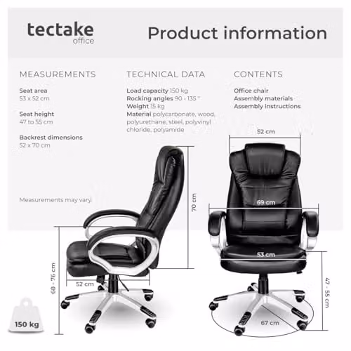 tectake Zulu Executive Office Chair in Black with Faux Leather Upholstery and Headrest – 2