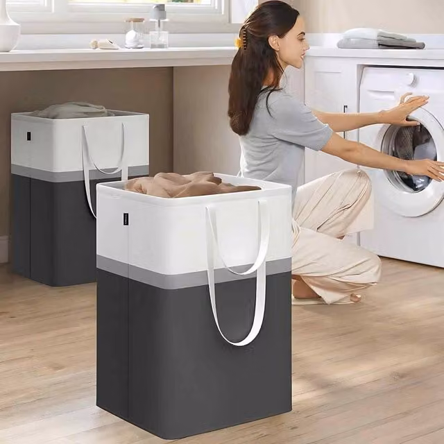 The Bazaarist Set of 2 Collapsible Fabric Freestanding Laundry Hampers with Handles, Jet Black – 1