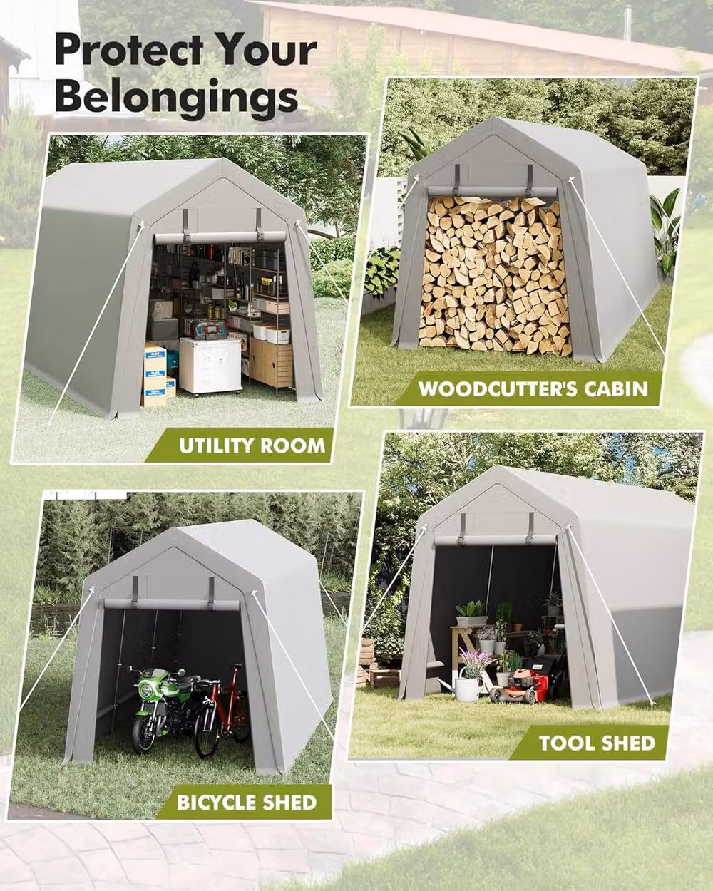 London Boutique Grey Outdoor Garden Storage Shed and Carport Tent with Roll-Up Zipper Door – 3