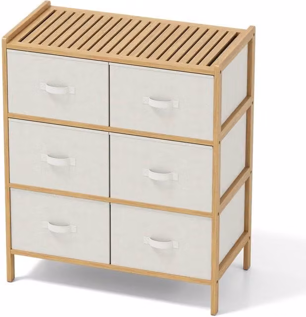 Gymax 6-Drawer Bamboo Vertical Chest of Drawers with Top Shelf in Light Beige