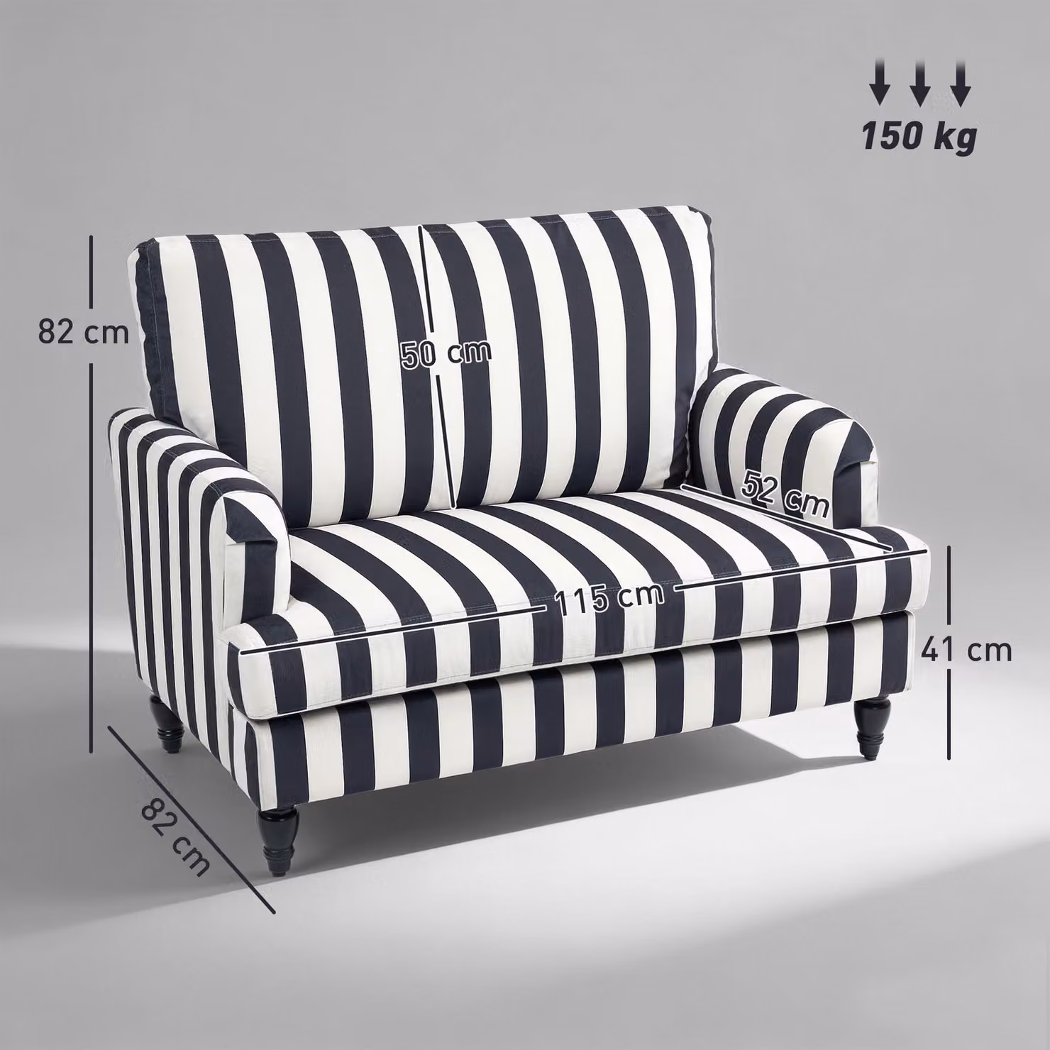 HOMCOM Modern Velvet Accent Chair with Striped Fabric and Rubberwood Turned Legs in Black and White – 3