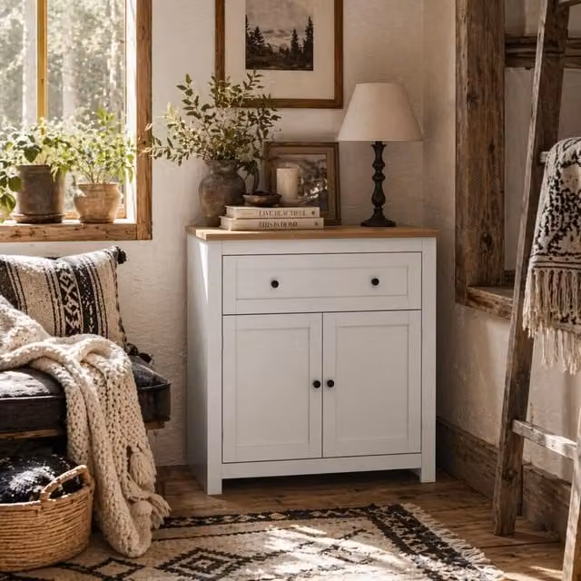 Wyld Haus White and Oak Modern Sideboard with Drawer, Double Doors and Adjustable Shelf – 1