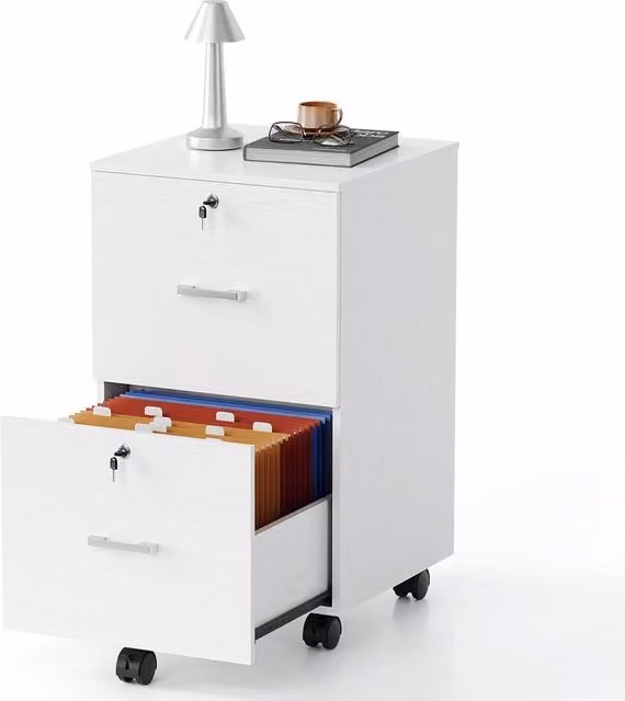 EONLION 2 Drawer Locking Filing Cabinet with Castors in White – 1