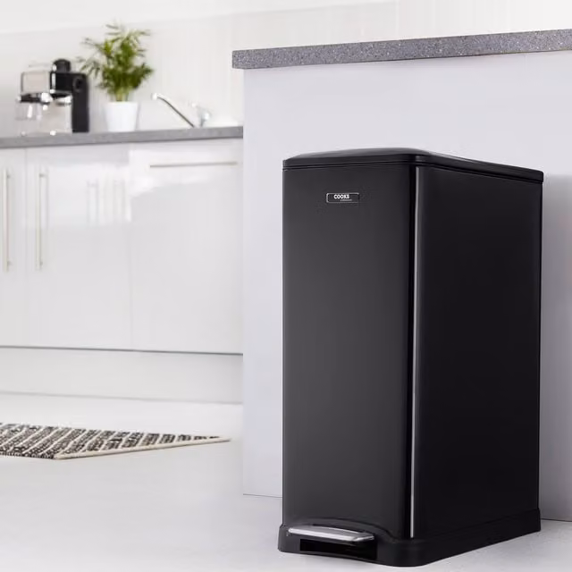 Cooks Professional 50L Dual Compartment Soft Close Pedal Bin in Black Stainless Steel
