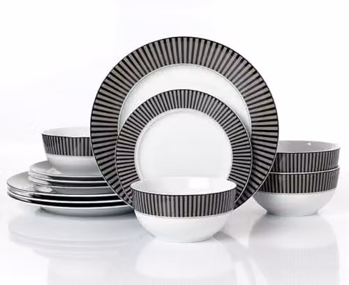 Waterside 12-Piece Black, Grey and White Striped Porcelain Dinner Set – 1