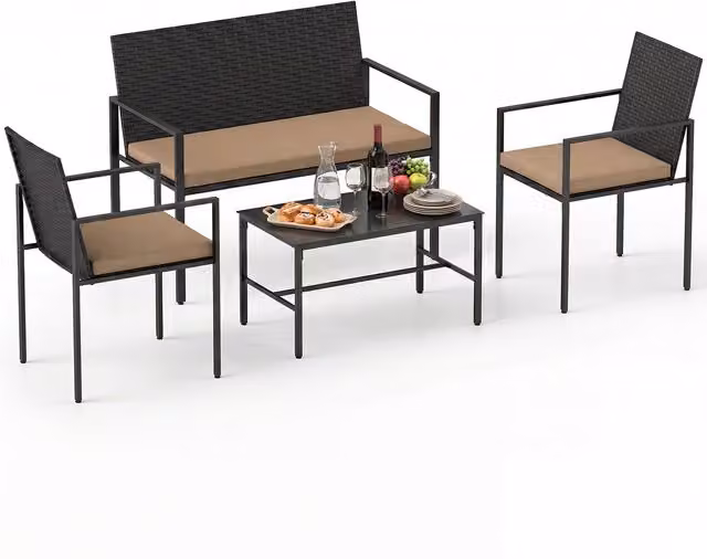 COSTWAY 4 Piece Polyrattan Patio Furniture Set in Brown and Black with Upholstered Cushions and Glass Coffee Table