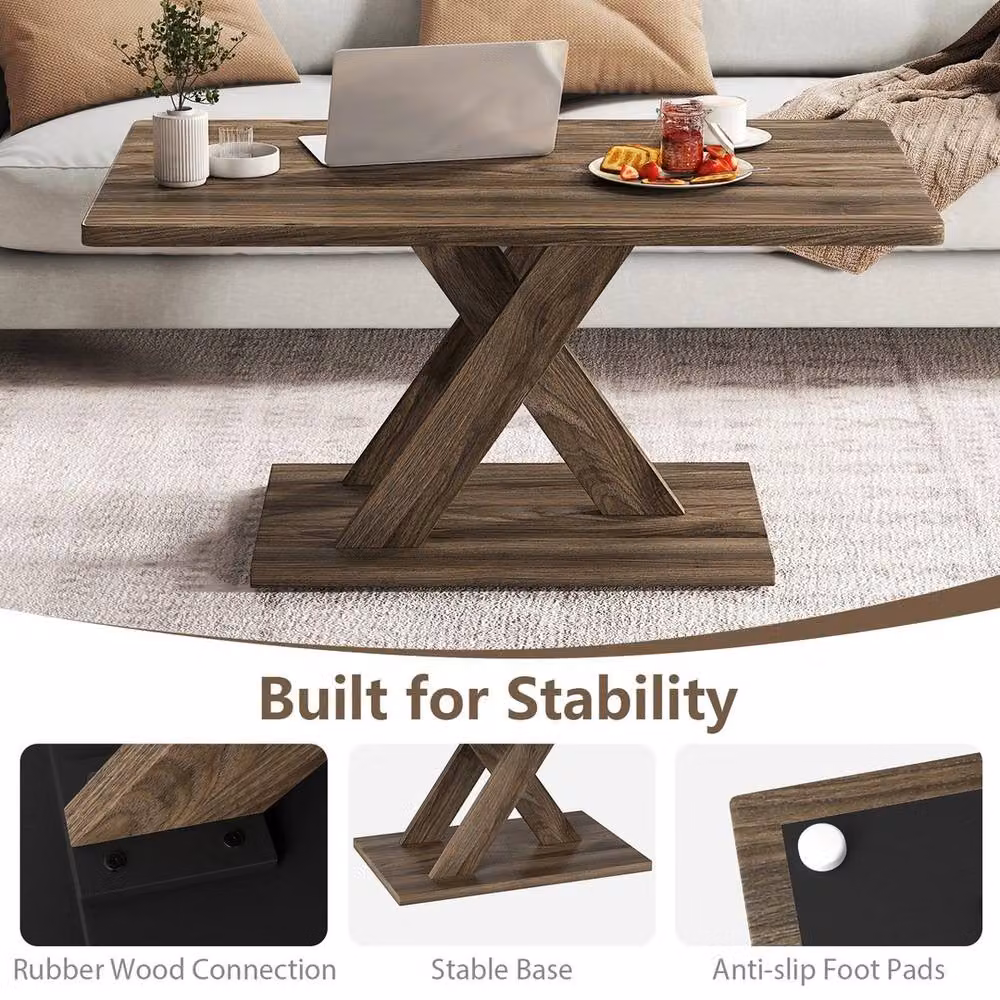 VOGREX Brown Rectangular Rubberwood Coffee Table with X-Frame Base – 3