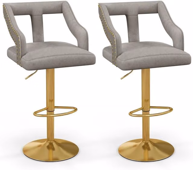 Costway Set of 2 Grey Velvet Adjustable Swivel Bar Stools with Metal Legs