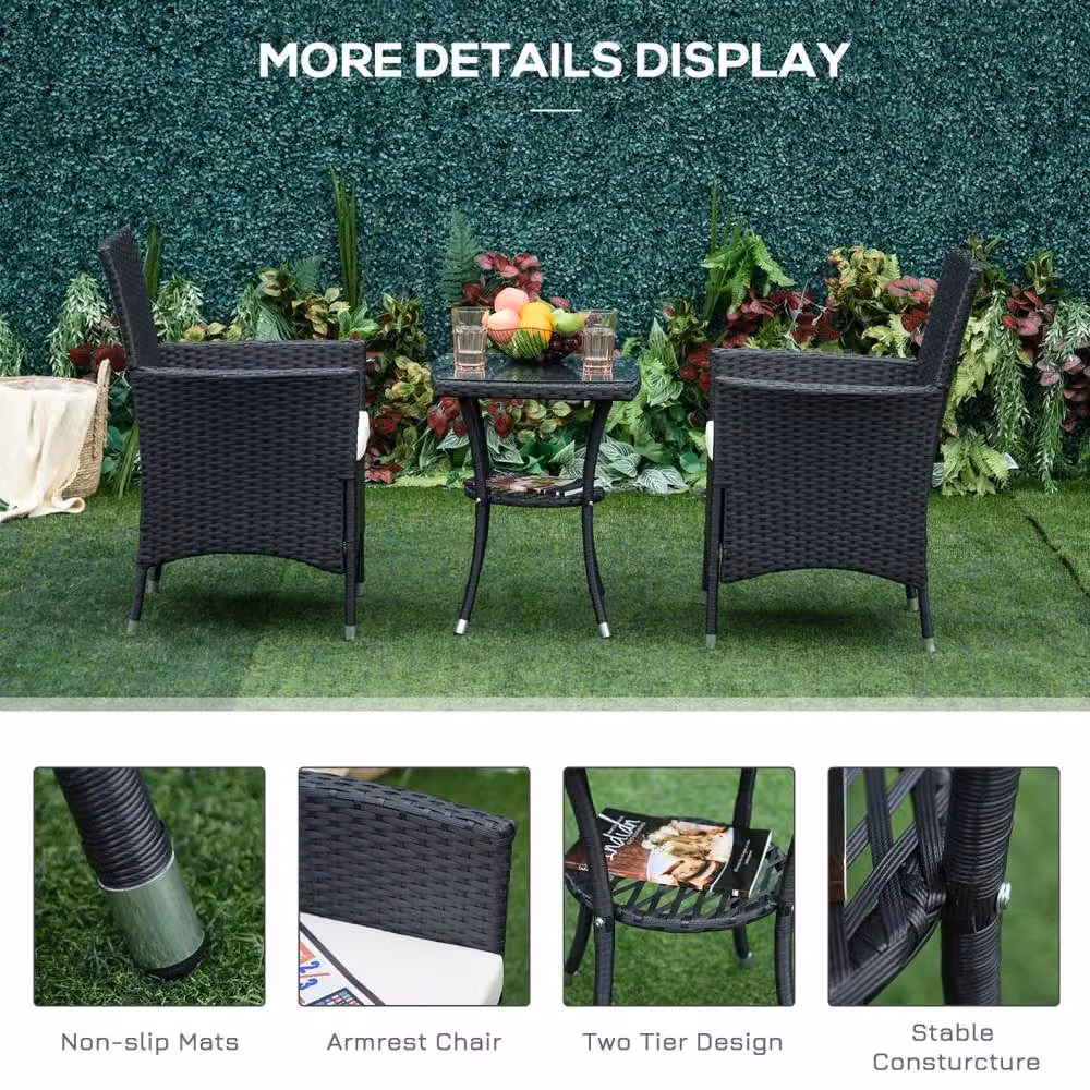 Wyld Haus Rafifi Black 3 Piece Rattan Bistro Set with 2 Armchairs and 2 Tier Table – 7