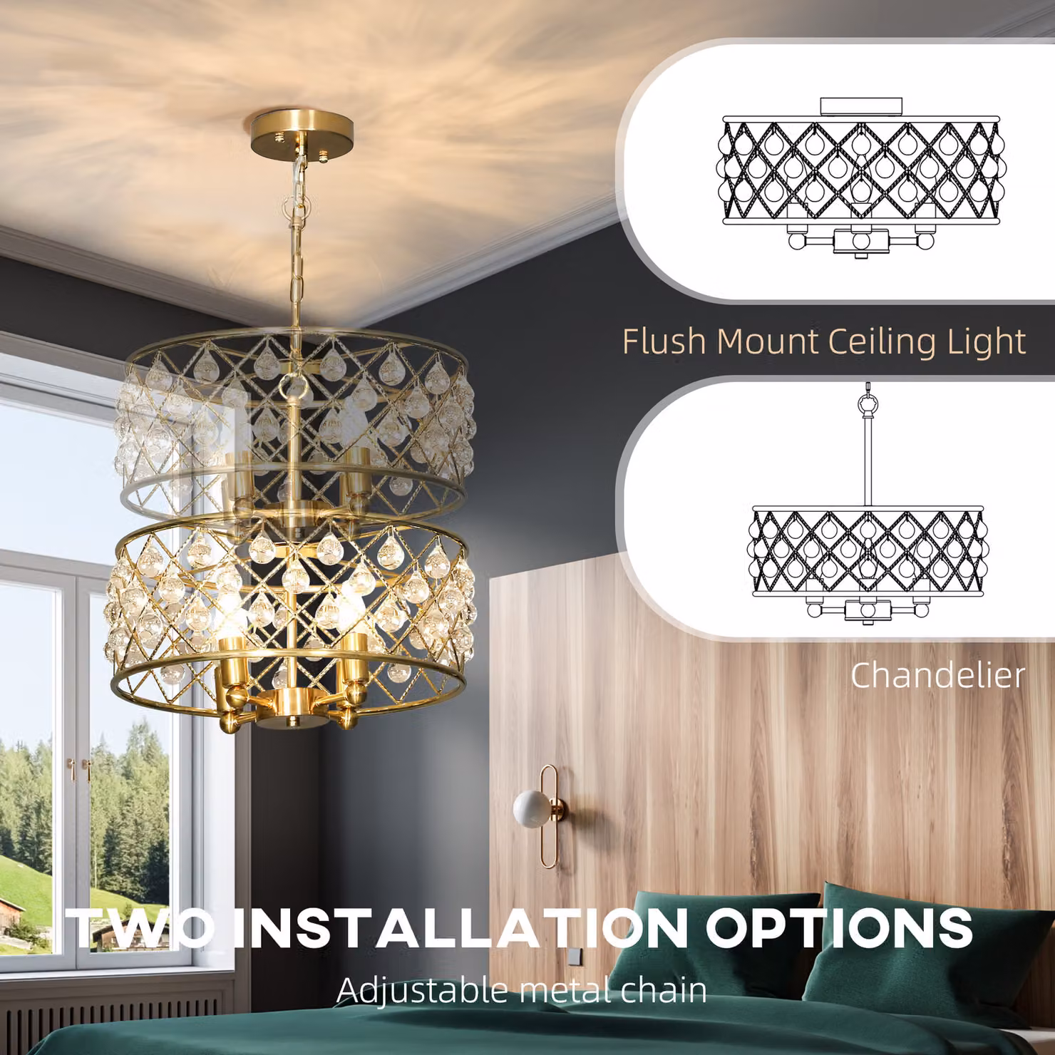 HOMCOM 51 Crystallite Four-Bulb Chandelier in Gold and Transparent Crystal – 4