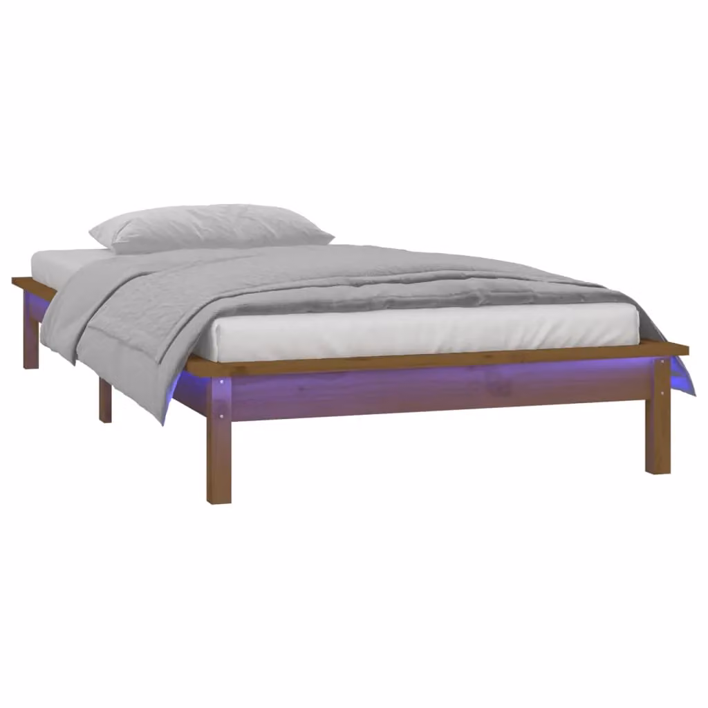 Berkfield Home Solid Wood LED Bed Frame in Honey Brown with Under-Bed Lighting and USB Charging Port, W/D/H: 90 x 200 cm – 3