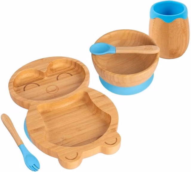 Tiny Dining 5pc Bamboo and Silicone Penguin Baby Weaning Set in Blue