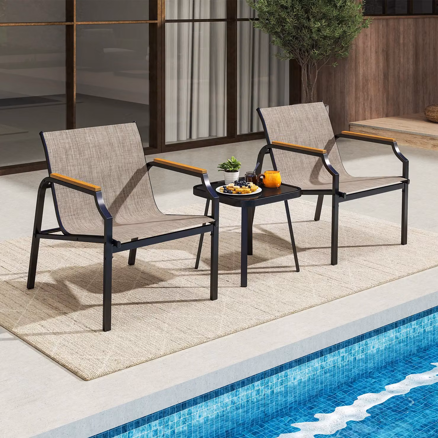 Costway 3 Piece Outdoor Garden Furniture Set with Metal Frame Armchairs and Table in Brown – 3