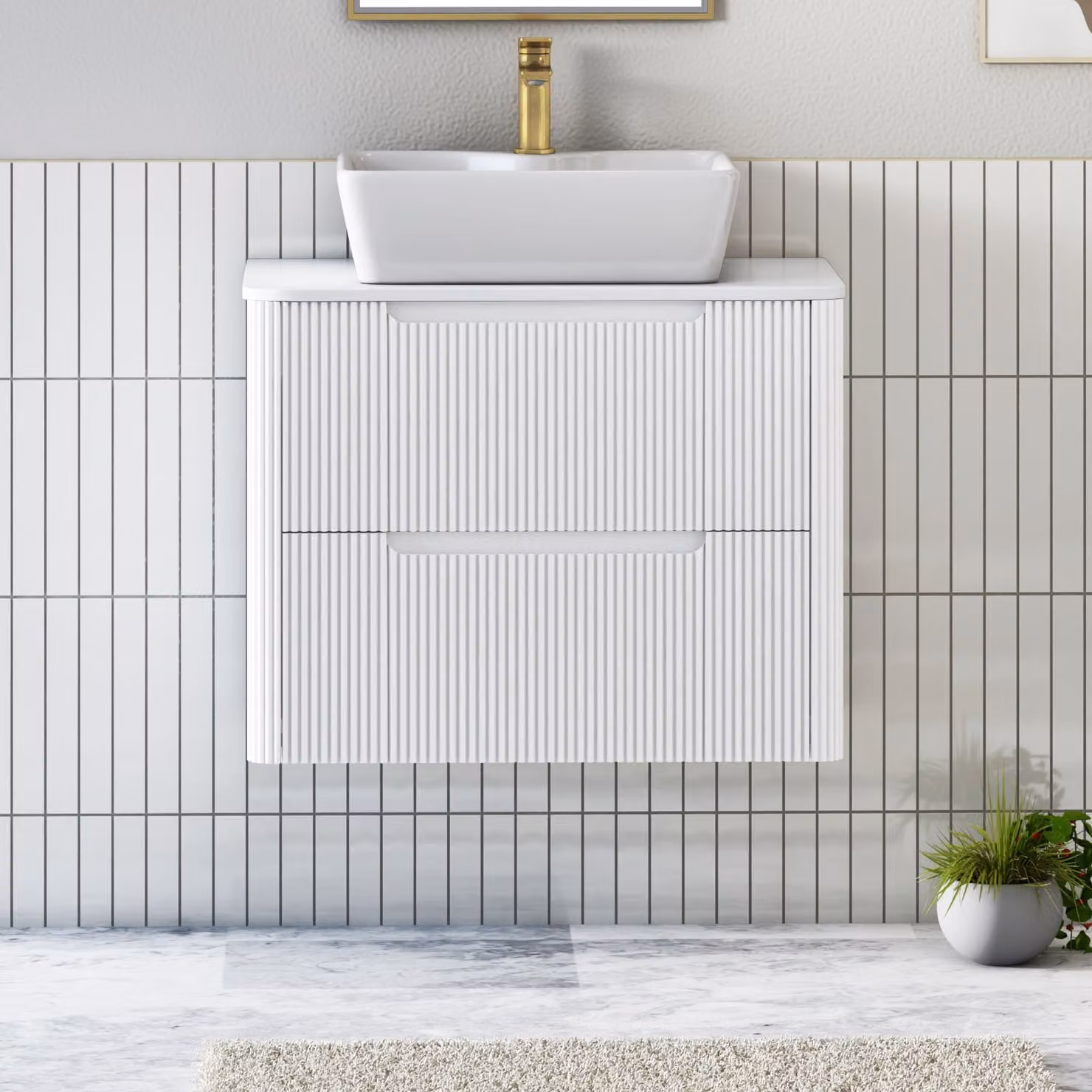 Royal Bathrooms Avenza Matt White Wall Hung Vanity Unit with 2 Drawers and Cube Basin, Width: 80 cm