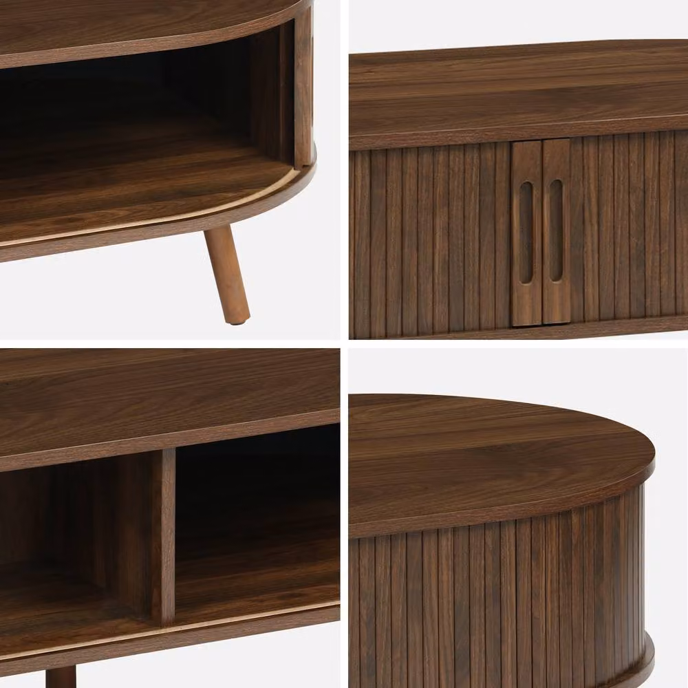 sweeek Coffee Table with Sliding Doors and Grooved Wooden-effect Compartments in Dark Brown, W/D/H: 120 x 59 x 39 cm – 3