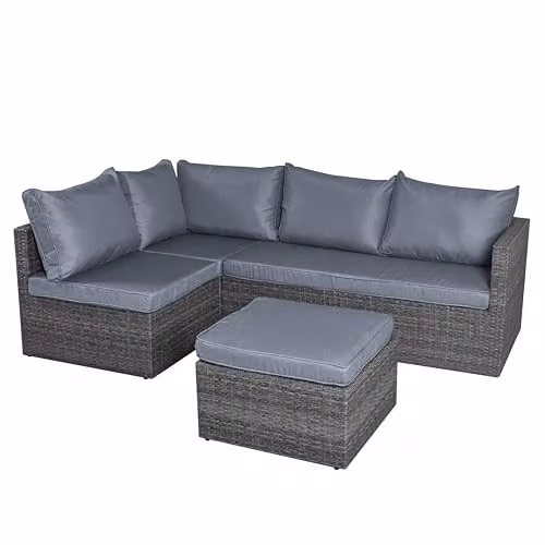 Bravich 6 Seater Grey Polyrattan L Shape Garden Furniture Set with Ottoman and Cushions – 1