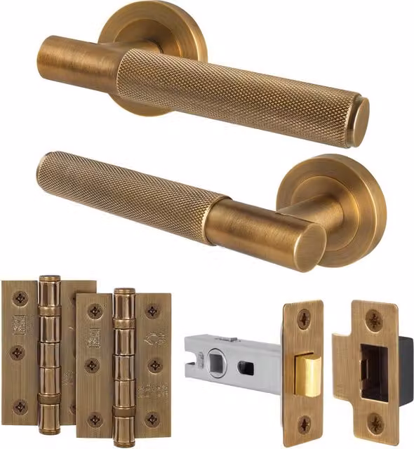 AFIT Antique Brass Knurled Lever Handles with Rose, Latch and Hinges, Bronze, 150 x 150 mm – 1
