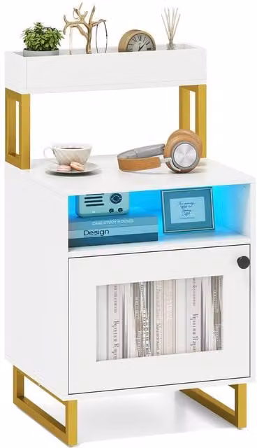Costway Modern White Nightstand with Integrated Lighting and Top Tray
