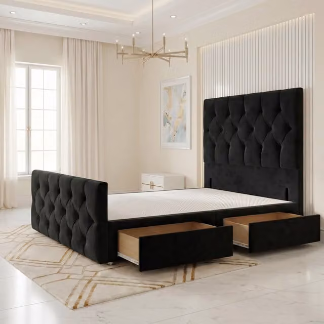 Somnior Beds Ltd Chesterfield Velvet Divan Bed Base with Drawers and Floor Standing Headboard and Footboard, Black, W/D/H: 140 x 200 x 115 cm