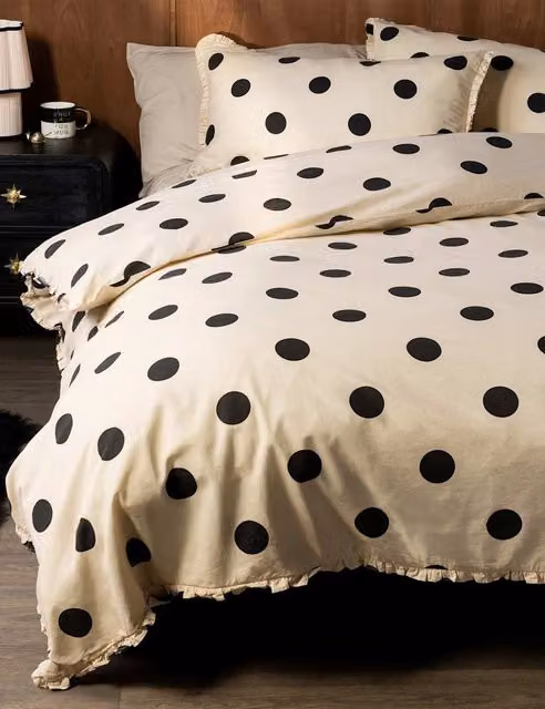 Rockett St George Pure Cotton Dot Noir Ruffled Bedding Set, White and Black, W/D/H: 200 x 200 cm