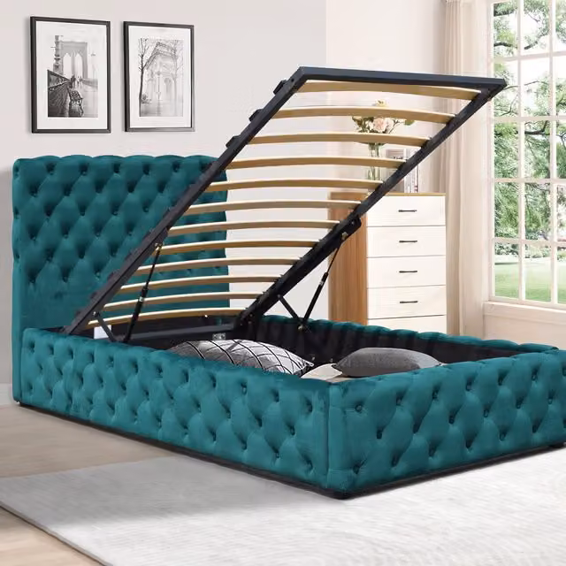 Comfy Living Tufted Velvet Chesterfield Gas Lift Ottoman Bed Frame, Green, W/D: 90 x 190 cm