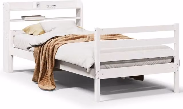Berkfield Home White Solid Pine Bed Frame with Headboard and Side Compartments W/D/H: 100 x 200 cm