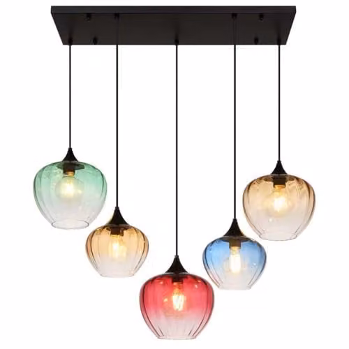 Globo Lighting Modern 5-Bulb Glass Pendant Light for Dining Rooms, Black with Multicolour Glass Shades, E27, Height Adjustable