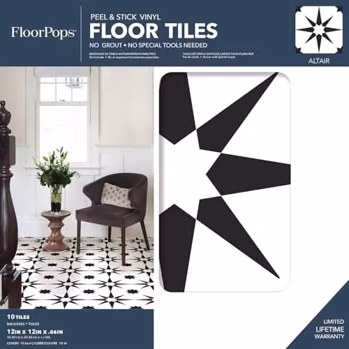 FloorPops WallPops FP2948 Altair Self-Adhesive Peel & Stick Floor Tiles, Black, W: 30.48 cm, D: 30.48 cm, H: 0.15 cm – 2