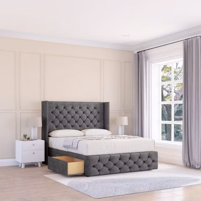 Sloomy Luthor Upholstered Wingback Bed Set with 2 Drawers and Floor Standing Headboard in Grey, Double (W/D/H: 140 x 200 cm)