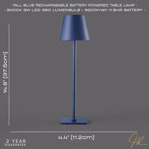 Happy Homewares Modern Rechargeable Touch Dimmable Table Lamp with Blue Metal Cone Shade and Warm White LED – 4