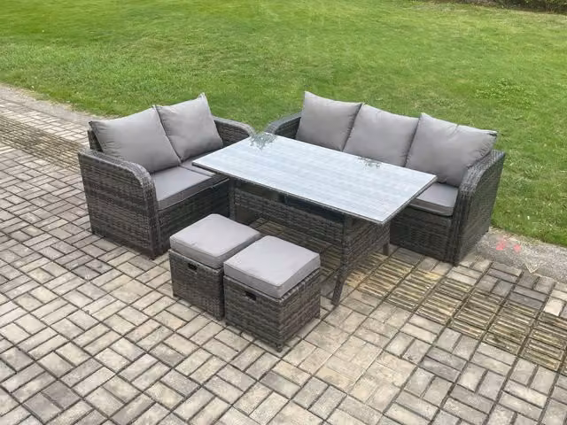 Fimous Dark Grey Rattan Garden Furniture Set with Oblong Rectangular Dining Table, Lounge Sofa and 2 Footstools