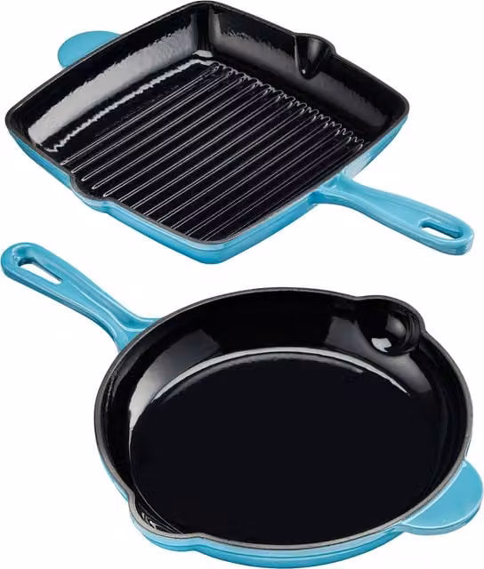 Cooks Professional 2 Piece Enamelled Cast Iron Frying Pan and Skillet Set in Petrol – 1