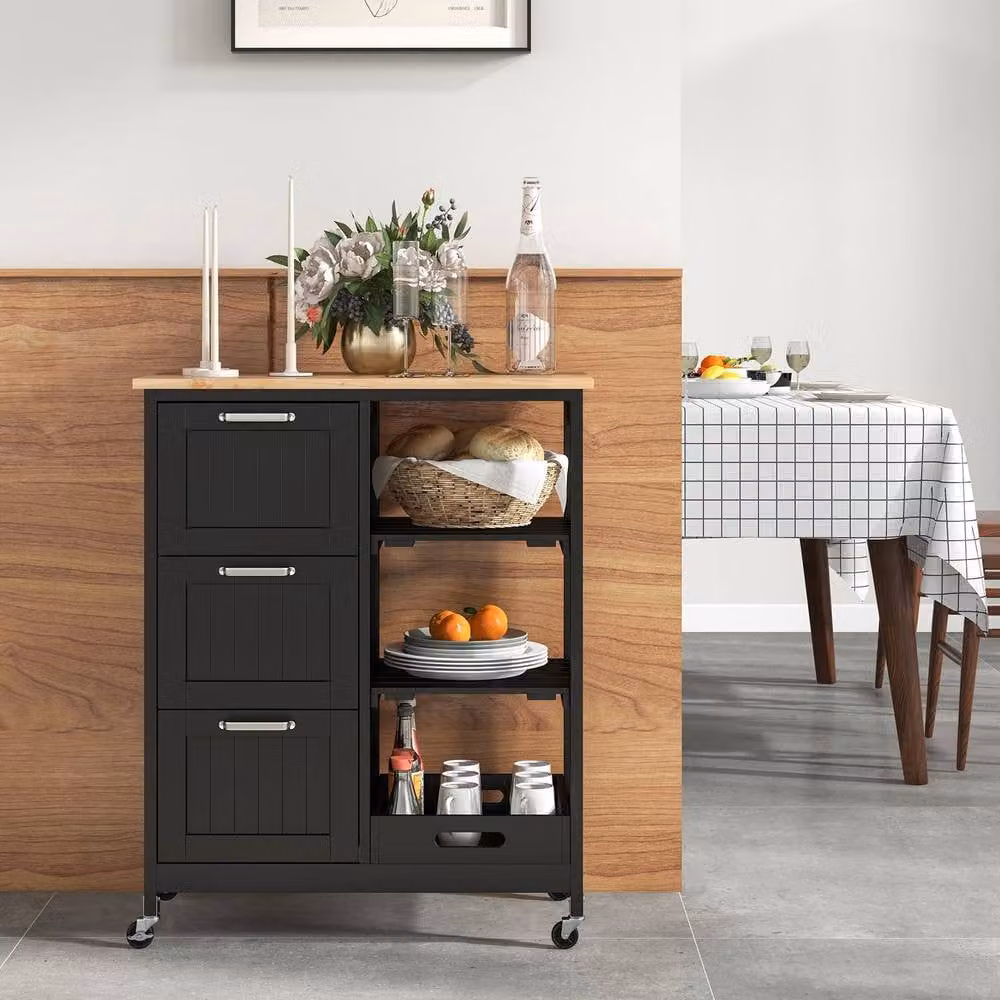 Gymax Black Rolling Kitchen Island Utility Cart with Lockable Wheels and Wood Top – 9
