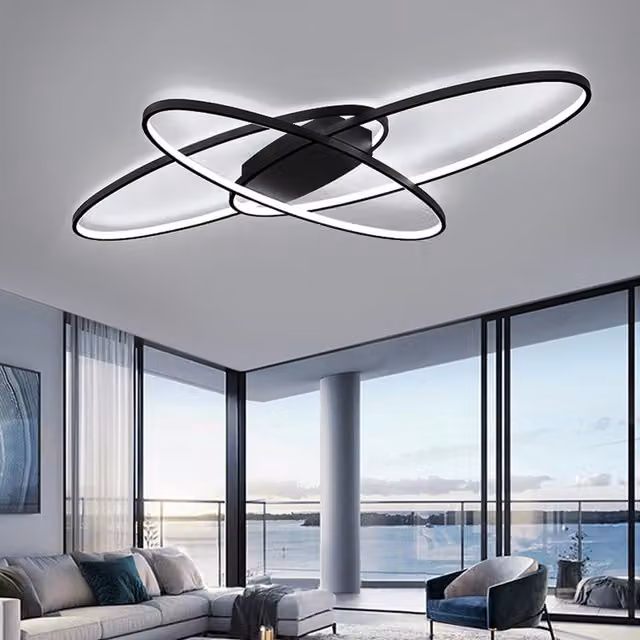 Livingandhome Oval Design LED Semi Flush Ceiling Light in Black, 90 cm, 76W