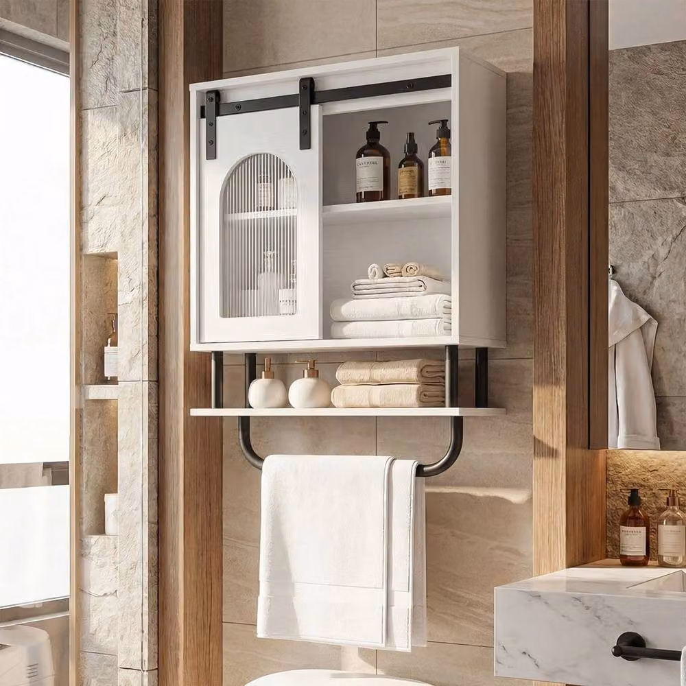 Kelvenix Industrial Wall Mounted Bathroom Cabinet with Sliding Glass Doors in White Matt – 2