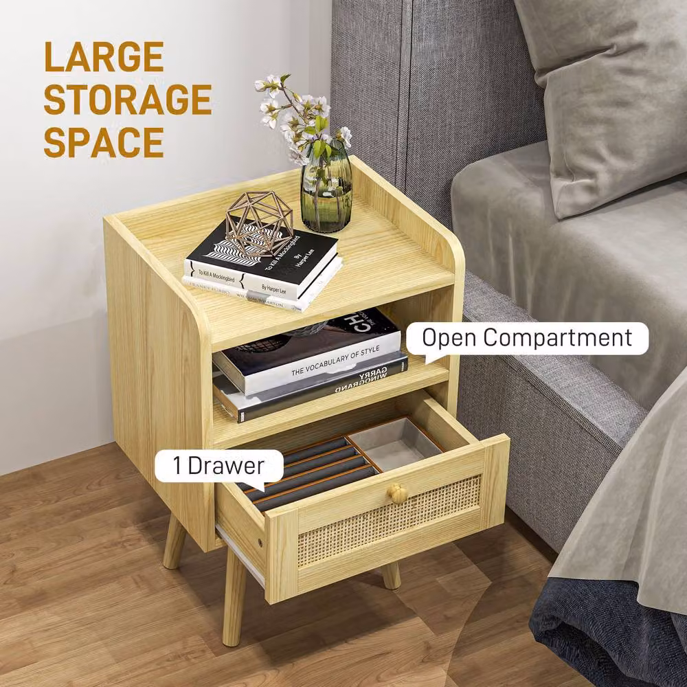 STILVORA Set of 2 Rustic Pine Bedside Tables with Rattan Drawer and Shelf in Beige – 3