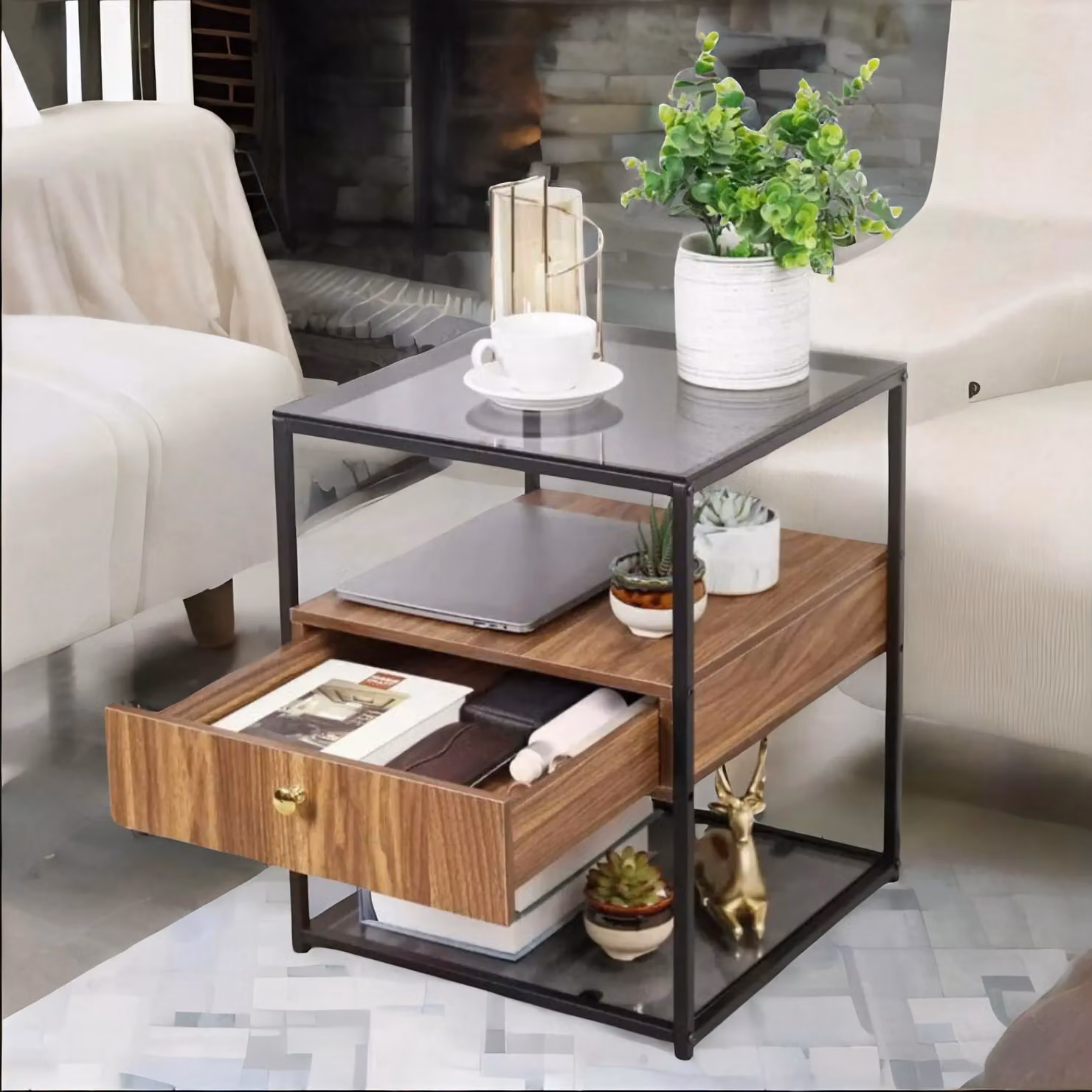 FURNOS Industrial Console Table with Thick Pine Wood Top in Brown and Black