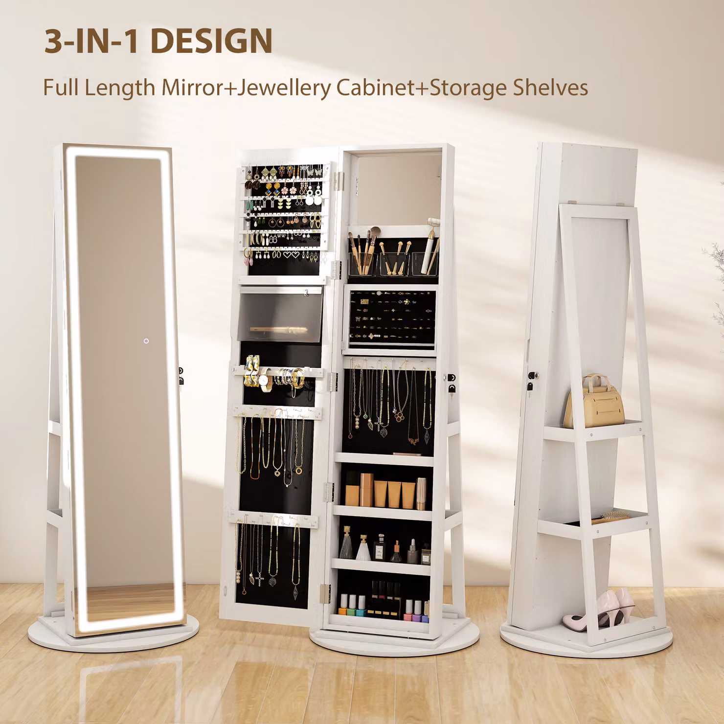 HOMCOM White 360 Swivel Mirror Jewellery Cabinet with 3-Colour LED Lights and Lockable Storage – 3