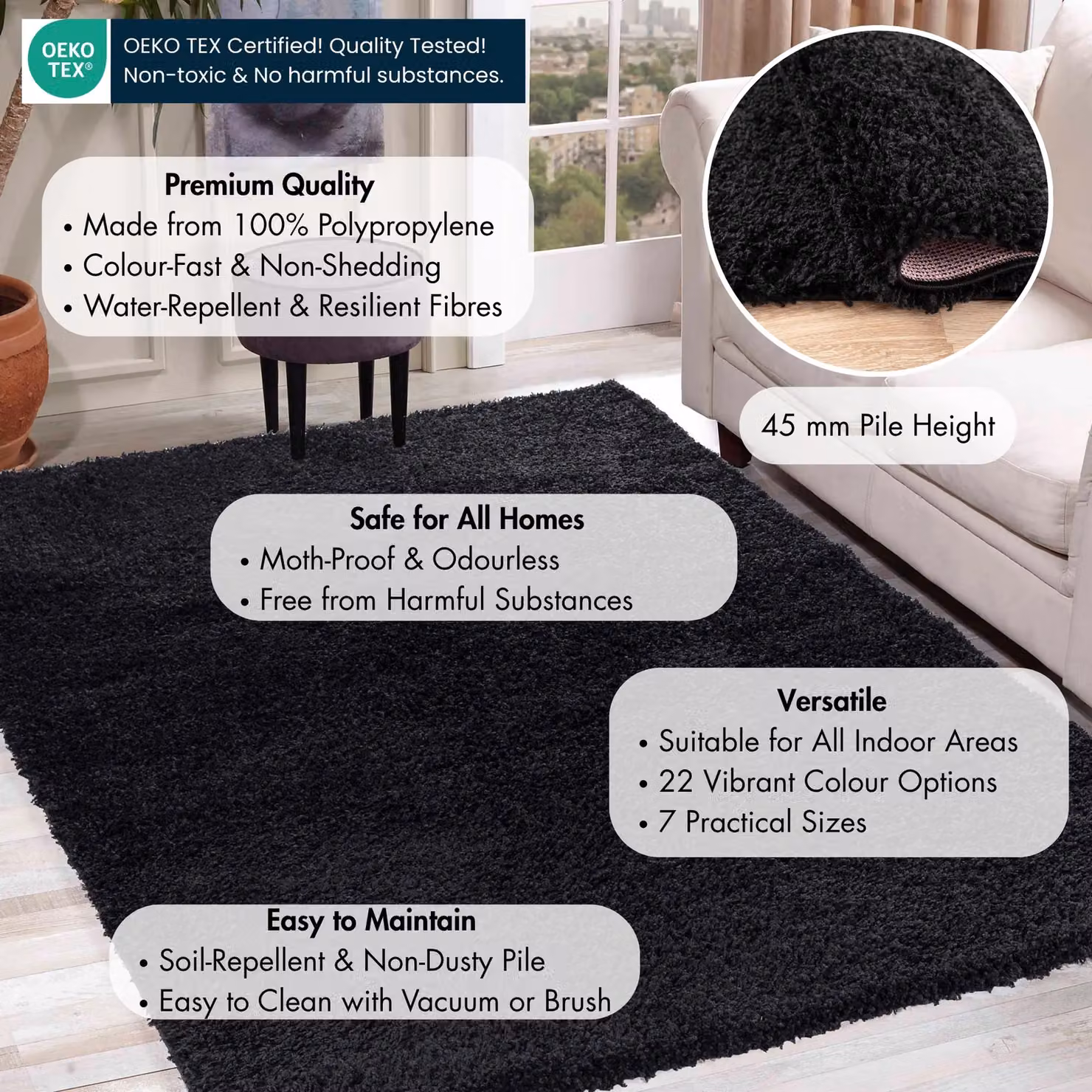 Desire Rugs Modern Black Shaggy Area Rug, W: 80 cm, L: 150 cm – 3