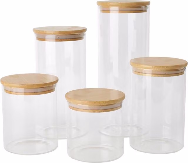 Livingandhome Set of 5 Airtight Glass Storage Jars with Bamboo Lids, Transparent and White