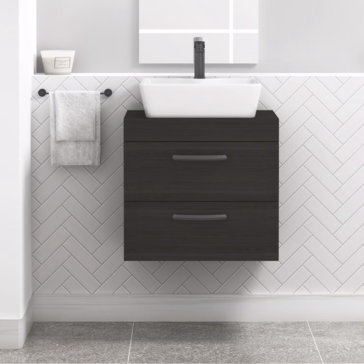 Royal Bathrooms Hale Black Wall Hung 2 Drawer Vanity Unit and Cube Countertop Basin with Matt Black Handles, Width: 60 cm