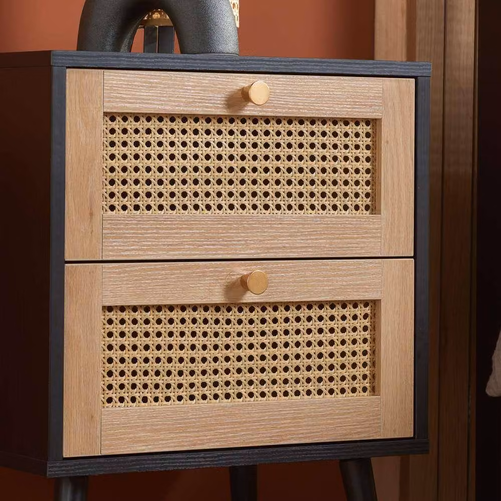Birlea Croxley Pair of 2 Drawer Rattan Bedside Cabinets in Black and Gold – 3