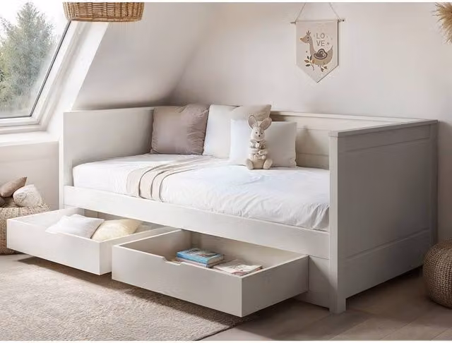 Noomi Iris Daybed with Trundle and Drawers in White, W/D/H: 200 x 90 x 100 cm