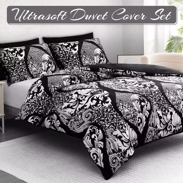 Pamposh King Microfibre Luxury Duvet Cover Set in Black and White Floral Design, including 1 x Duvet Cover and 2 x Pillowcases (Pillowcase: 50 x 75 cm)