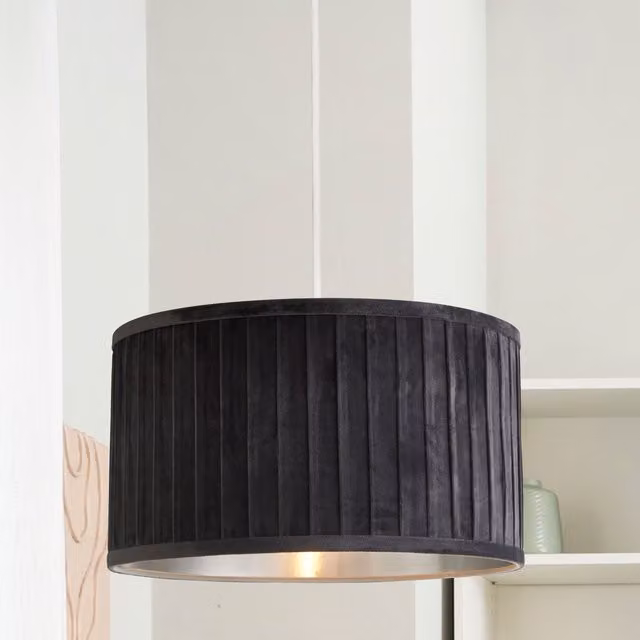 Lighting Collection Pleated Grey Velvet Cylinder Lamp Shade with Silver Inner, Diameter: 30 cm – 2